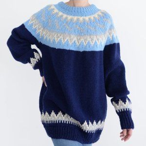 Blue Handknit Handmade  Fair Isle Icelandic Fisherman Chunky Knit Sweater